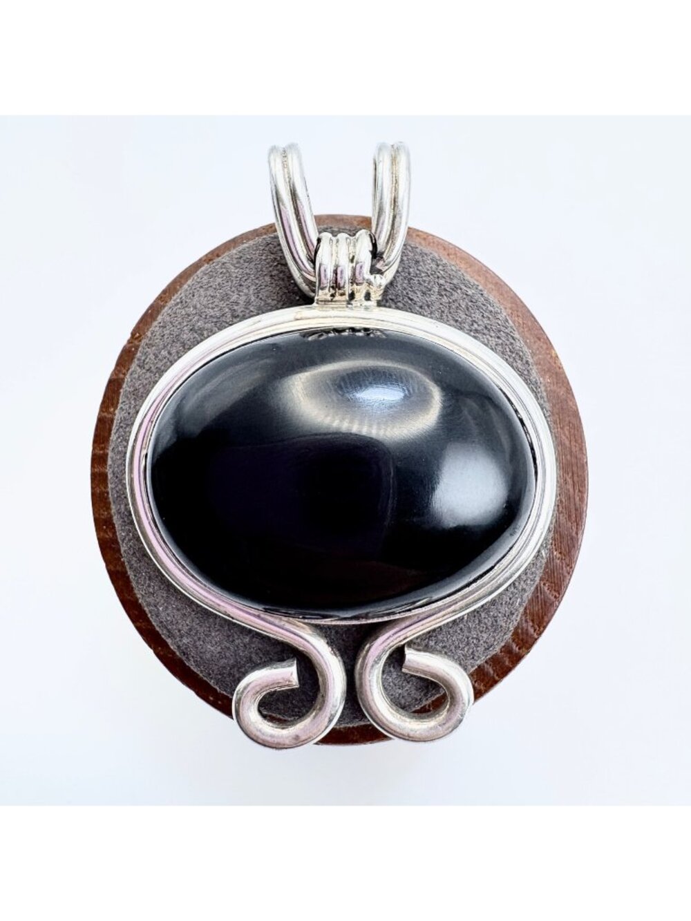 Black Onyx Cabochon Scroll Design Pendant VTG Sterling Silver 925 Size 2" Length